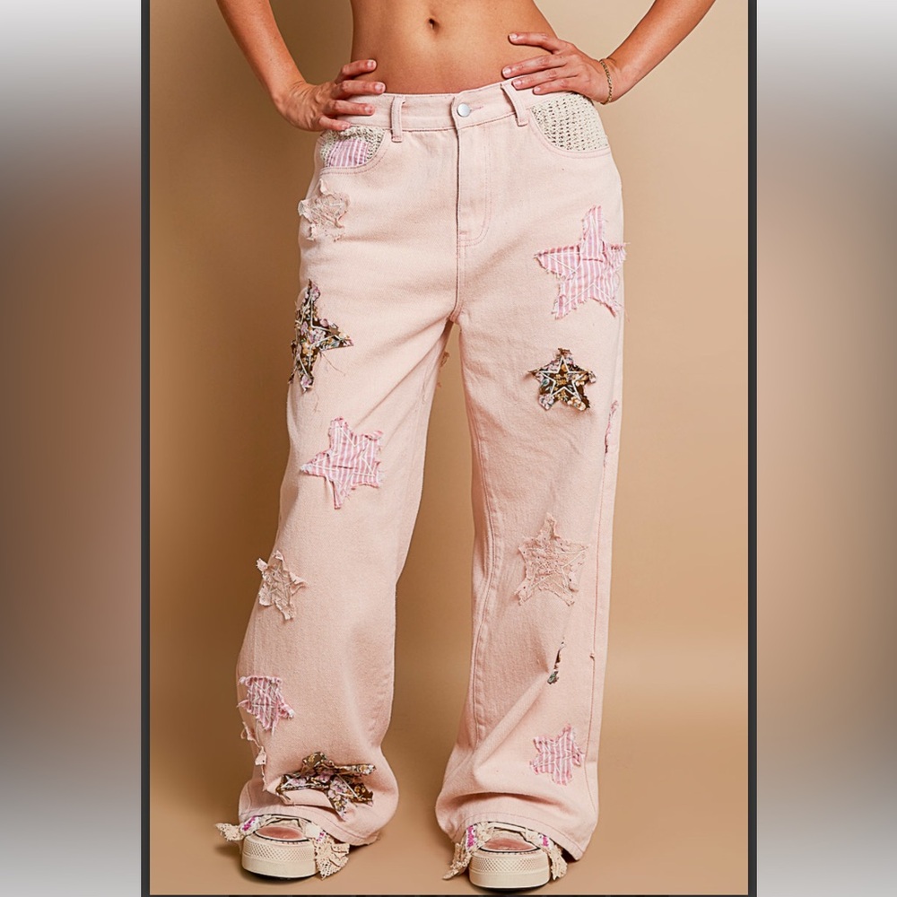 POL Blush Pink Wide-Leg Star Appliqué Pants